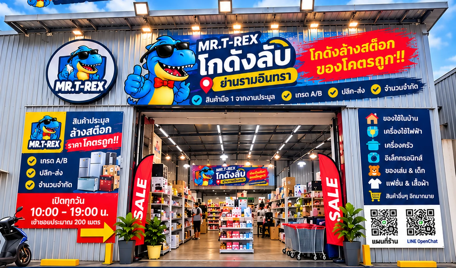 ภาพประกอบแนวคิดด้านหน้าโกดัง MR.T-REX มีป้ายโปรโมชั่นและสินค้าภายในร้าน